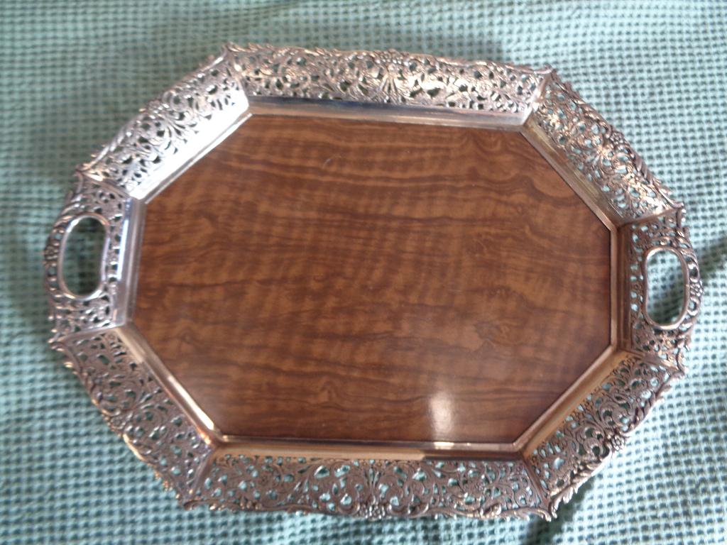 dienblad hout met verzilverde rand in oud hollands motief, Ophalen of Verzenden