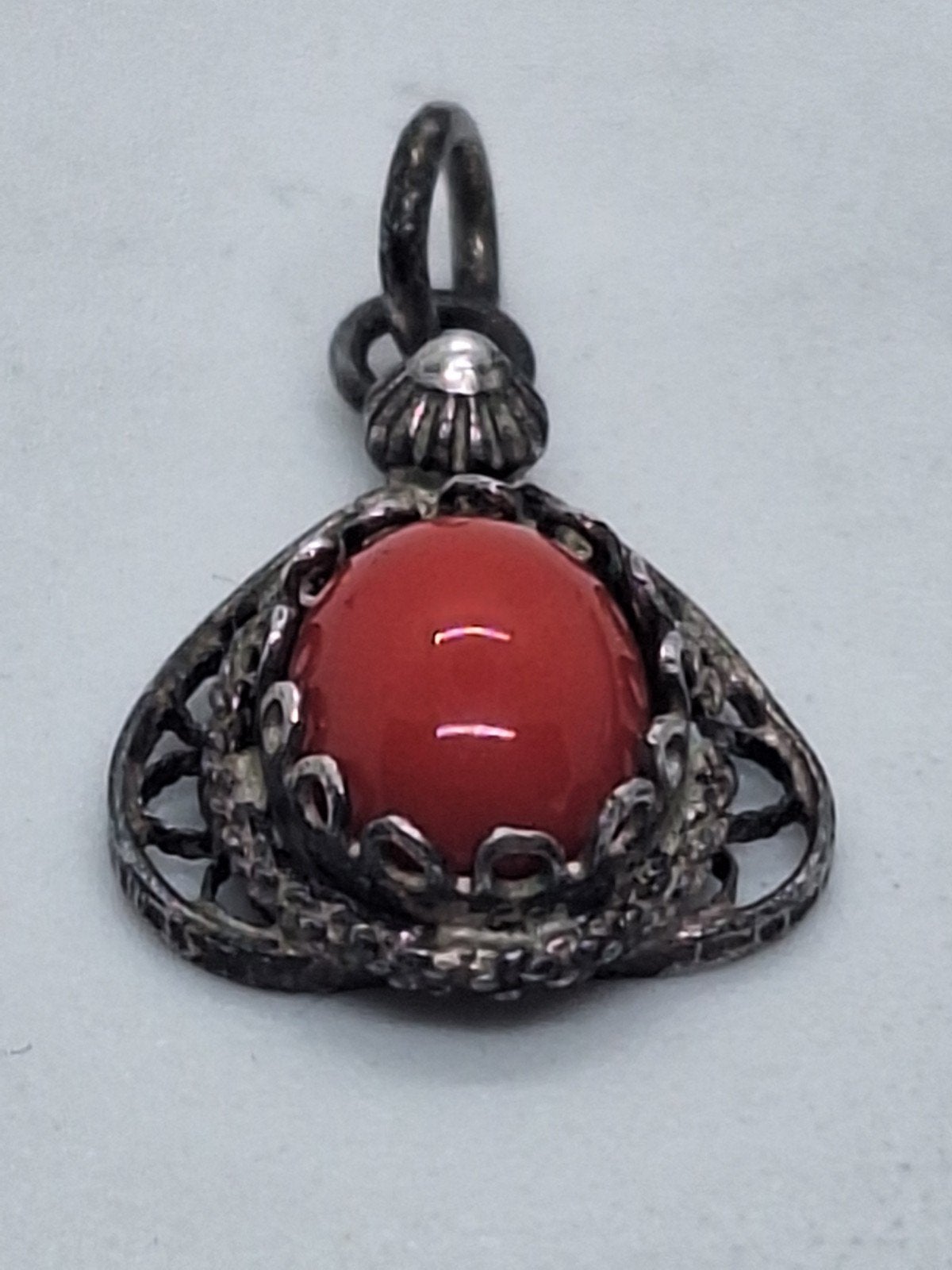 Filigrain Zilveren Hanger met Bloedkoraal (2+ cm), Sieraden, Tassen en Uiterlijk, Ophalen of Verzenden, Zilver, Hanger, Met edelsteen