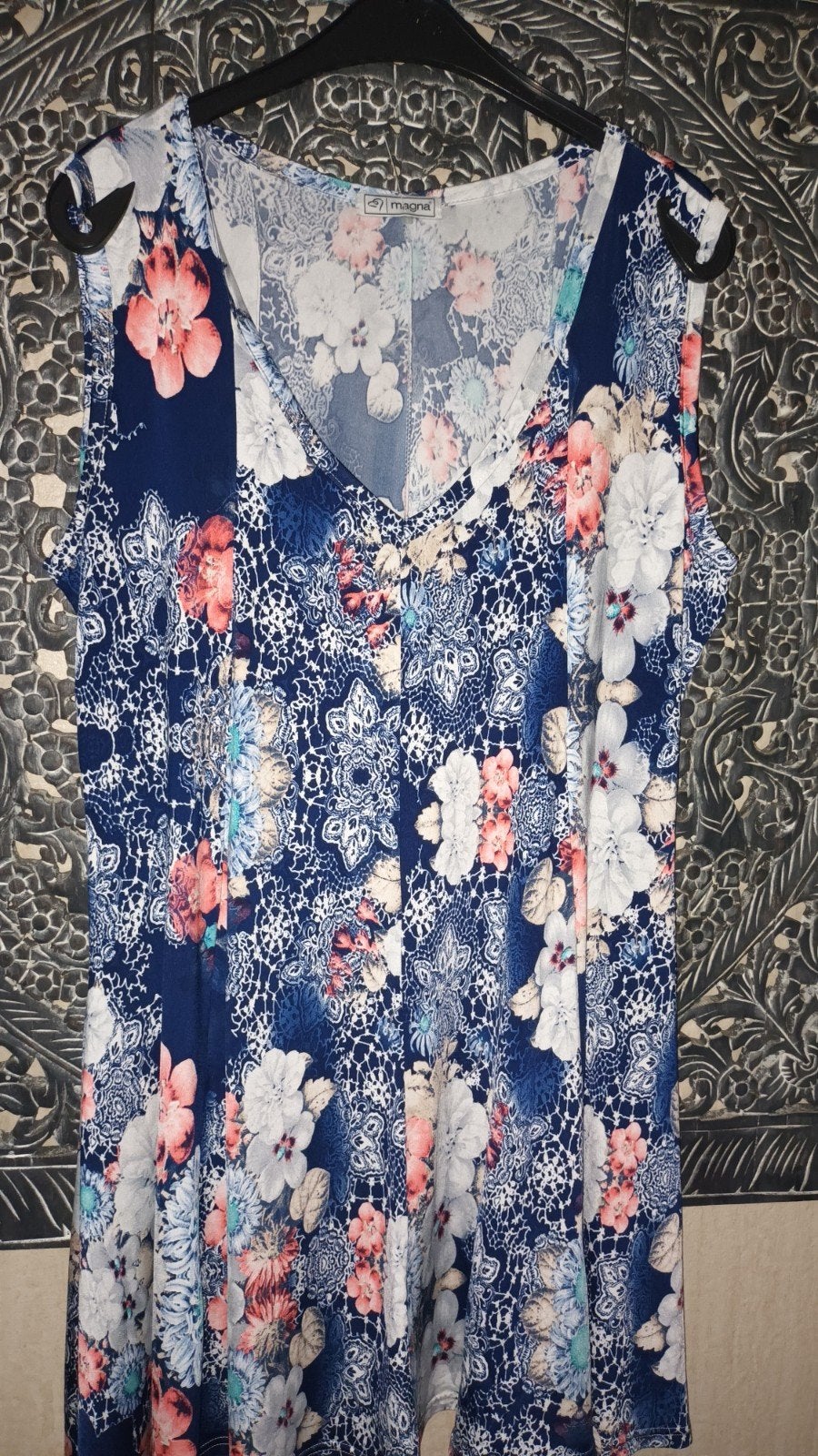 Magna A-lijn tuniek maat 48/50 met bloemenprint, Magna, Ophalen of Verzenden, Zo goed als nieuw, Blauw