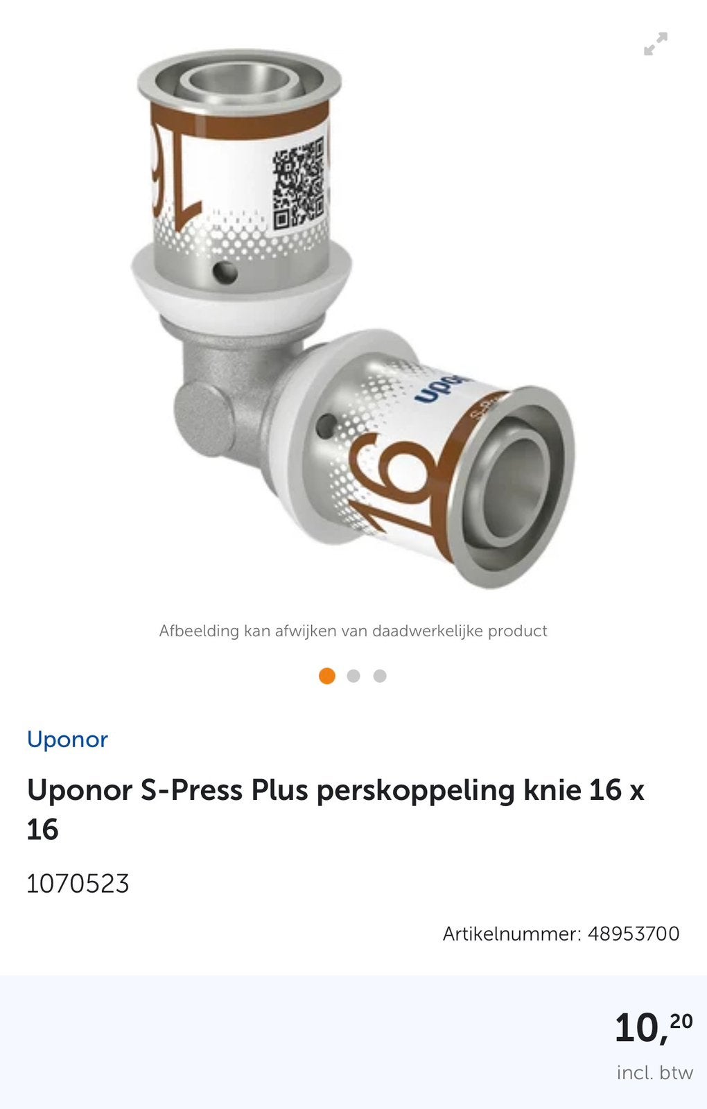 Uponor S-Press Plus perskoppeling knie 16 x 16 1070523, Ophalen, Nieuw, Overige typen