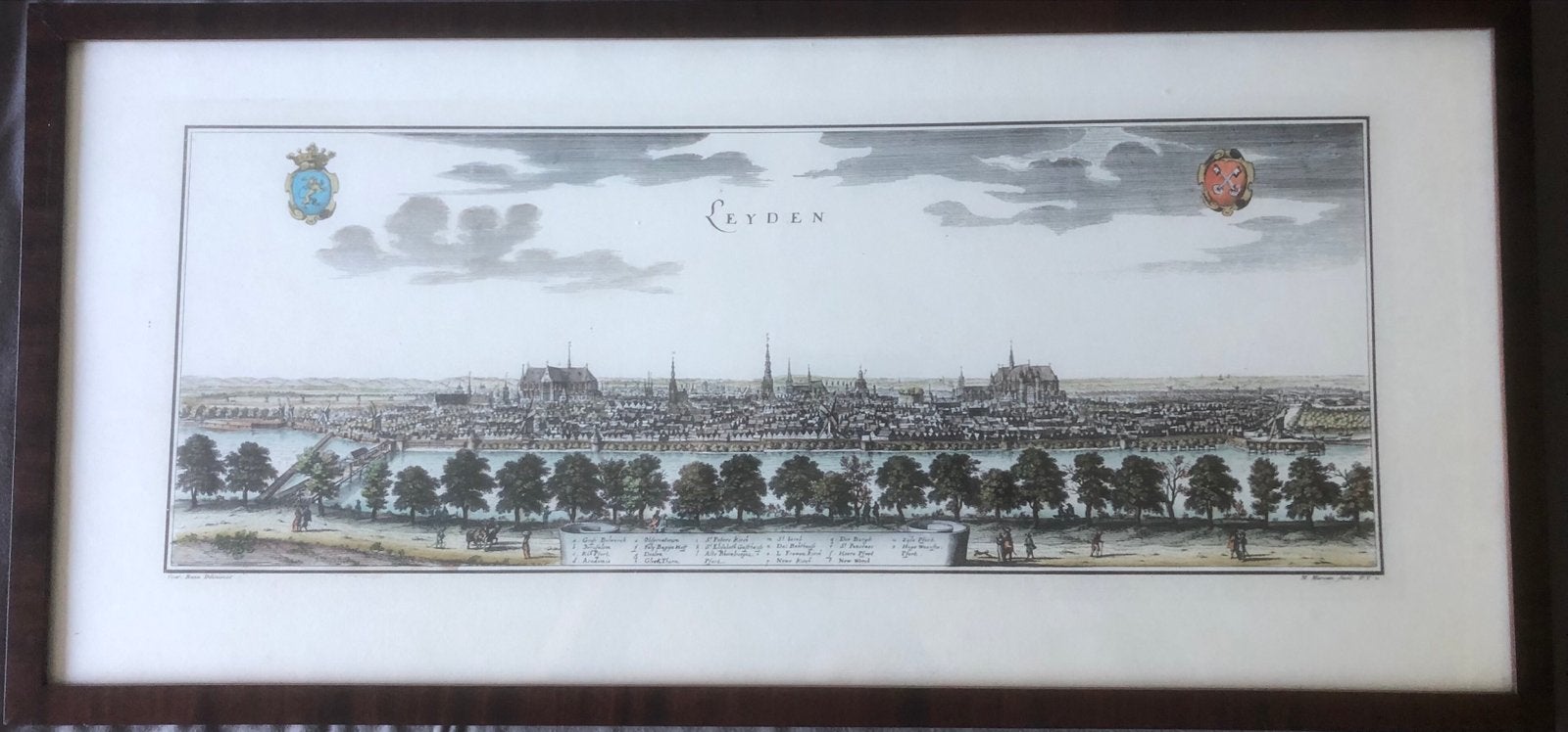 Antieke stadsgezicht ets van Leiden door M. Merian, Ophalen, Ets, Stadsgezicht, 1600 - 1699