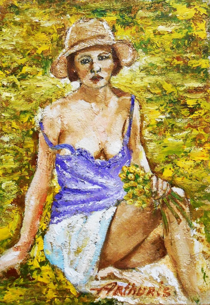"In het veld" Ingelijst schilderij, Figuren, Verzenden, Olieverf, Passe-partout