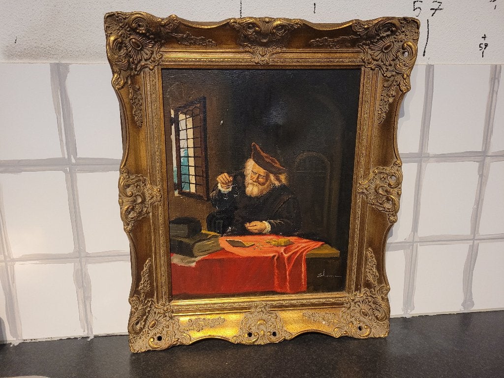 Olieverfschilderij "De Goudweger" in stijl van S. Konink, Doek, Portret of Personen, Ophalen of Verzenden, Gesigneerd