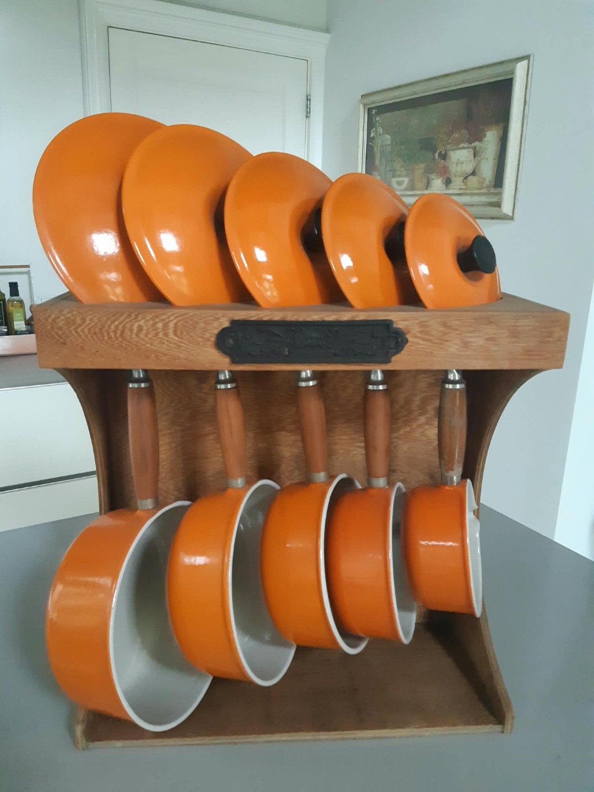 Le Creuset vintage Pannenrek met 5 steelpannen zgan, Huis en Inrichting, Ophalen, Zo goed als nieuw, Overige materialen