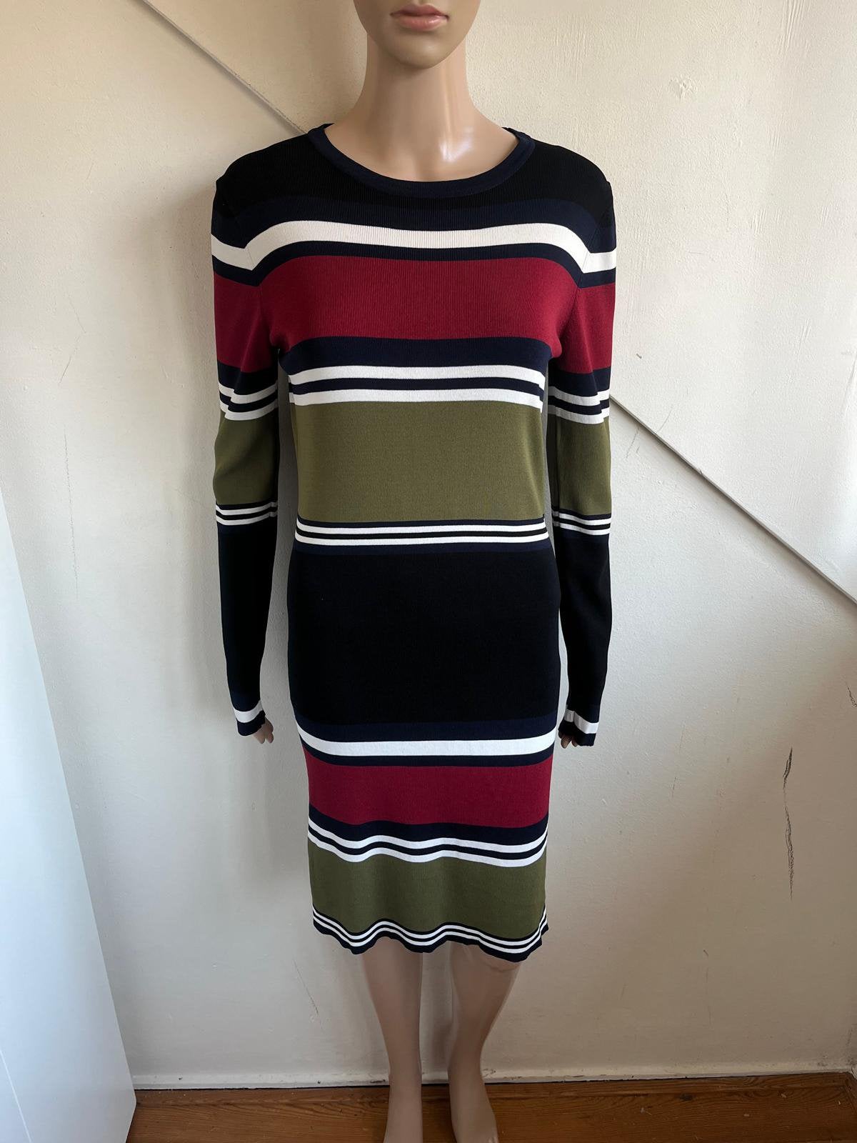 Nikkie jurk stretch maat 40/42 gestreept rood khaki wit, Meerkleurig, Maat 42/44 (L), Ophalen of Verzenden, Zo goed als nieuw