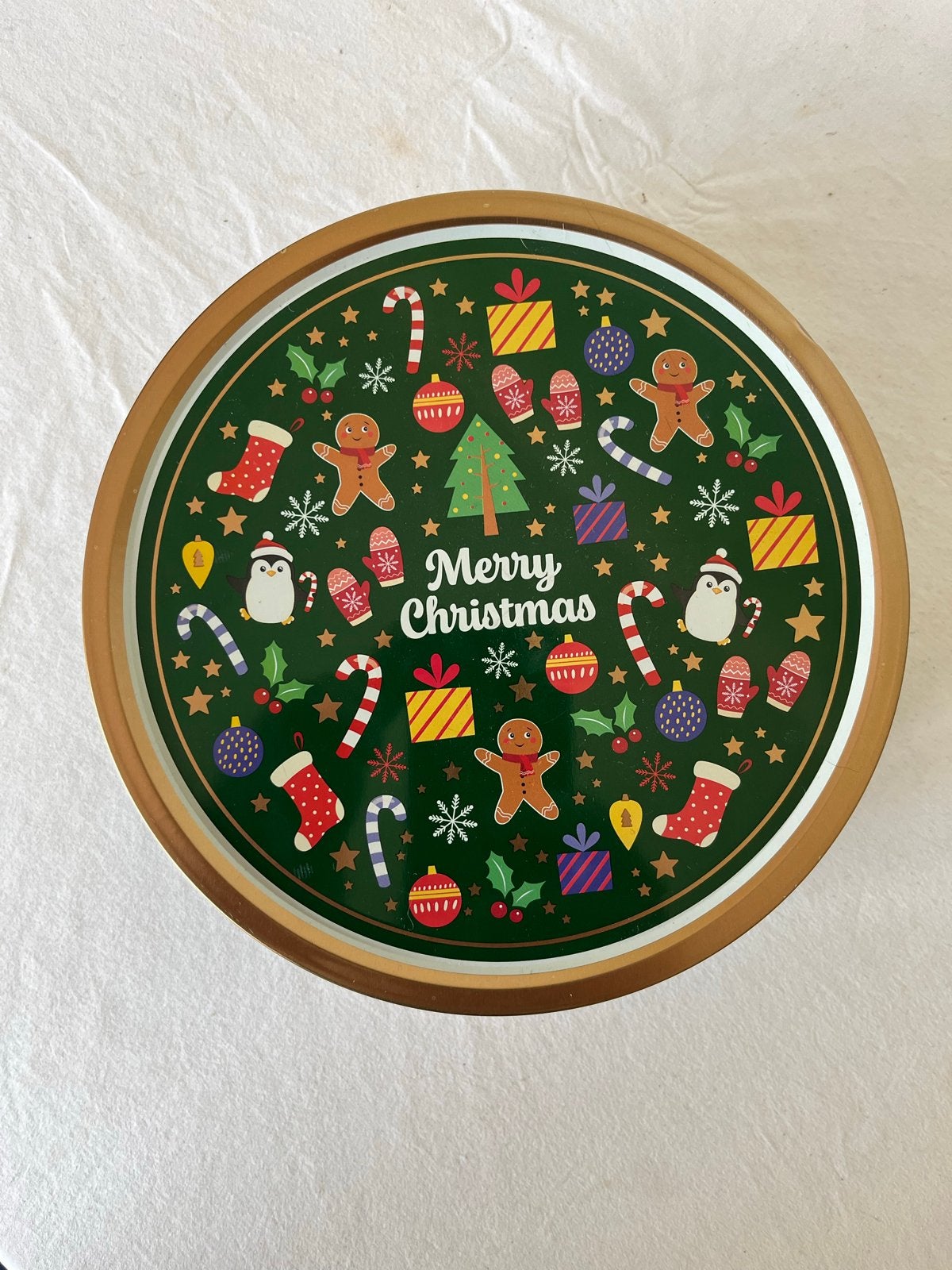 Kerst Metalen Blik - Merry Christmas - Ø 20 cm, Ophalen of Verzenden, Zo goed als nieuw, Koek(jes)
