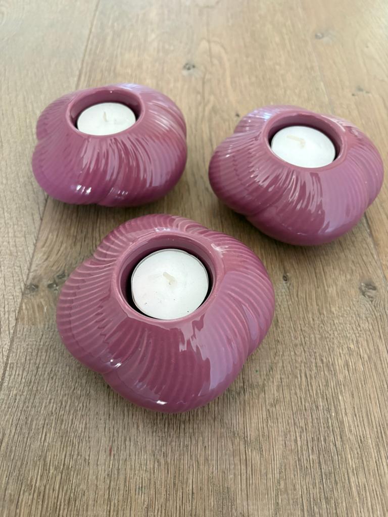 3 paars/roze waxinelichtjeshouders, Ophalen of Verzenden, Gebruikt, Overige materialen