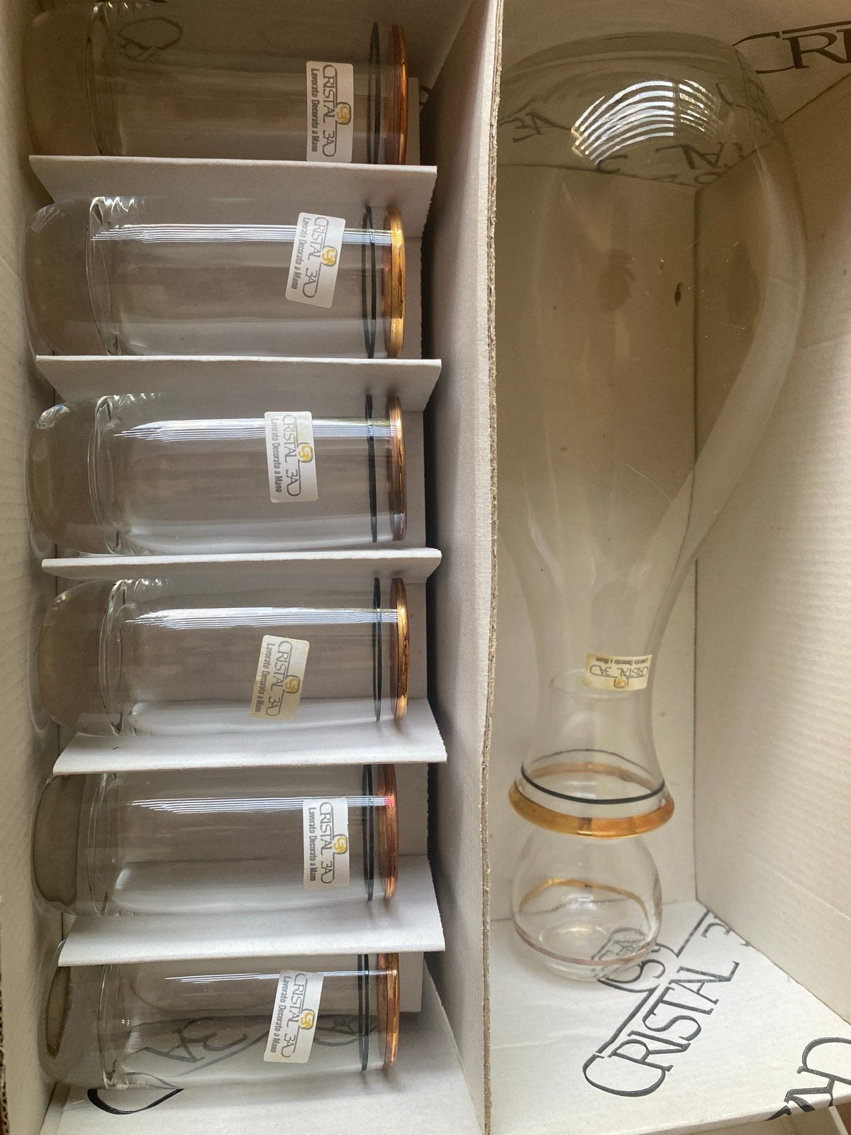 Vintage Cristal 3A Karaf en 6 likeurglazen met gouden rand, Ophalen