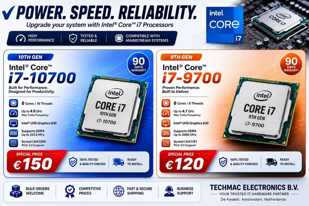 Intel Core i7-10700 (10th Gen) and  i7-9700 (9th Gen), 8-core, Intel, Intel, Intel