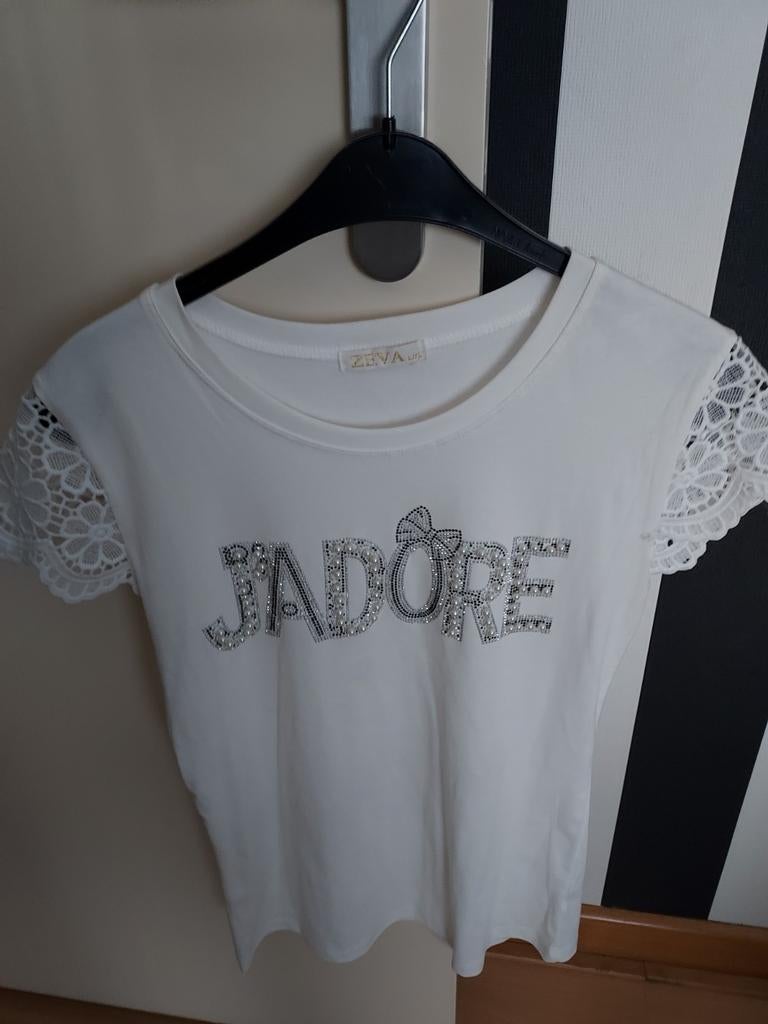 Zeva J'adore T-shirt met kant en strass, Kleding | Dames, T-shirts, Zo goed als nieuw, Maat 42/44 (L), Wit, Korte mouw, Ophalen of Verzenden
