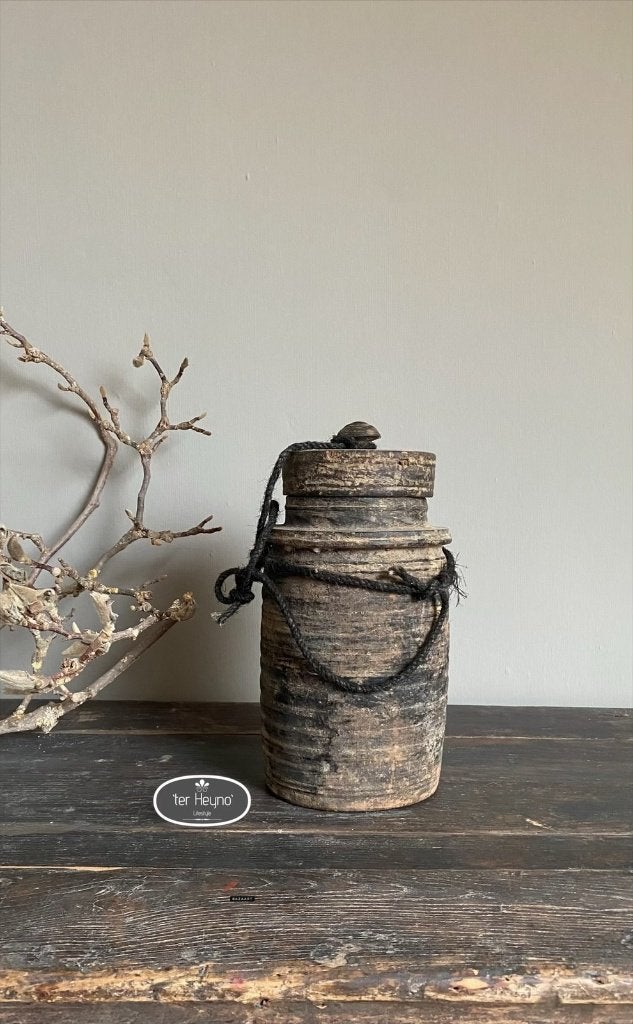 Oude houten kruik pot met deksel hout stoer sober landelijk, Verzenden, Handgemaakt, Overige vormen, Hout