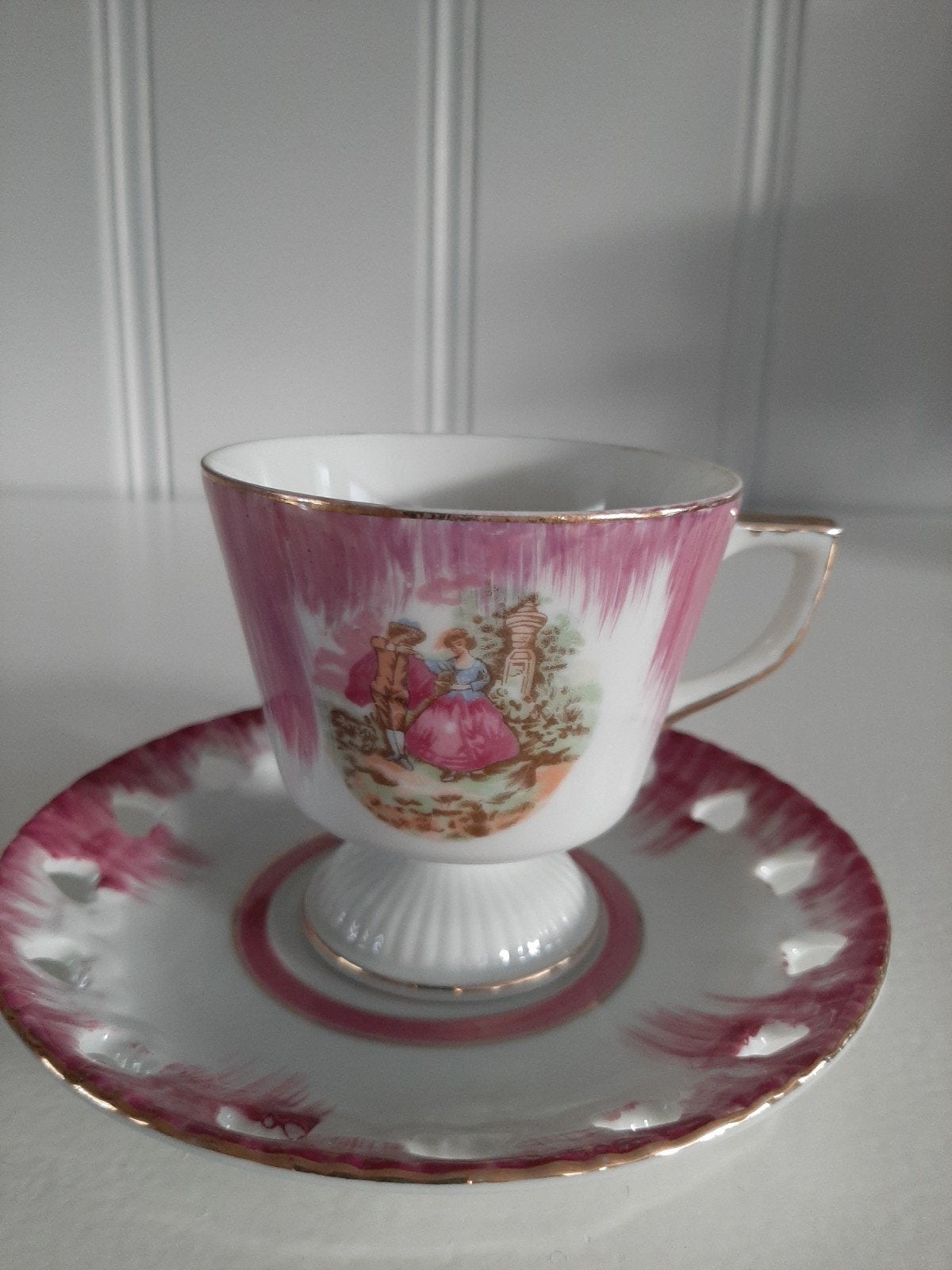 Antiek Roze Kop en Schotel met Romantisch Taferee, Antiek en Kunst, Ophalen of Verzenden