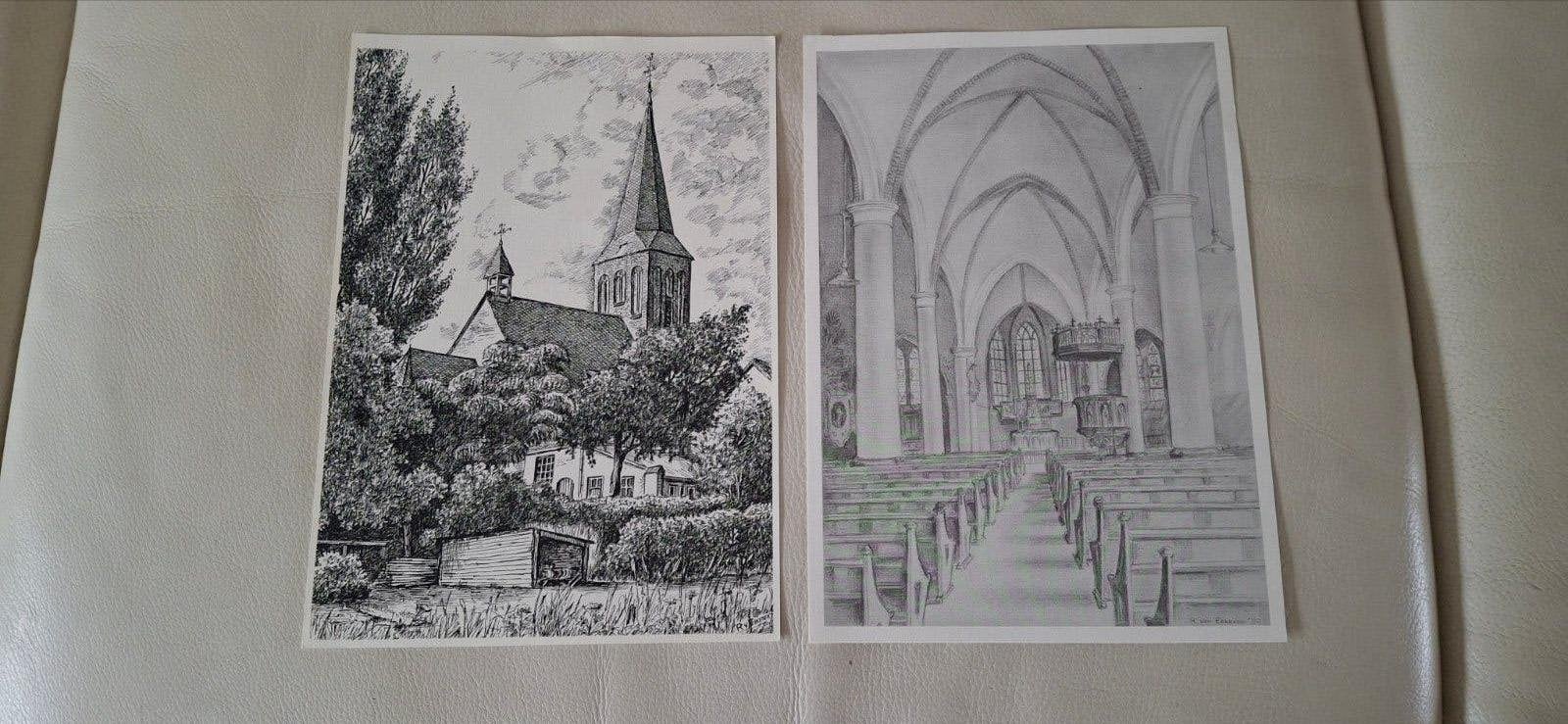 2 Tekeningen R.K. Kerk in Beesd van R. van Eekeren, Ophalen of Verzenden, Tekening, Gesigneerd