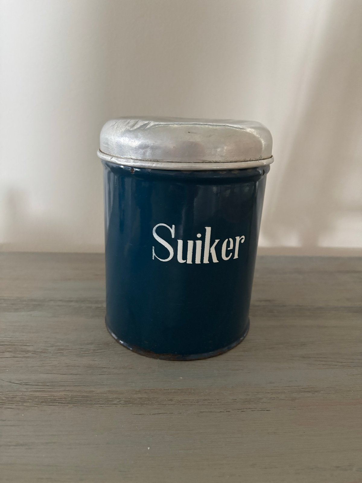 Vintage emaille Suiker bus - Petrolblauw, Antiek en Kunst, Antiek | Emaille, Ophalen of Verzenden