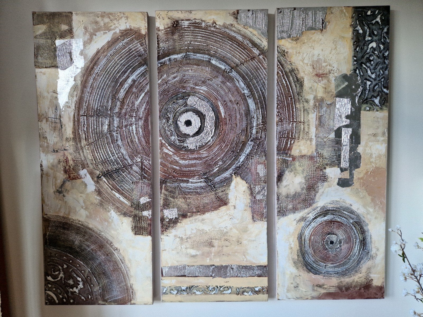 Abstract drieluik schilderij - Bruin/Beige tinten, Ophalen