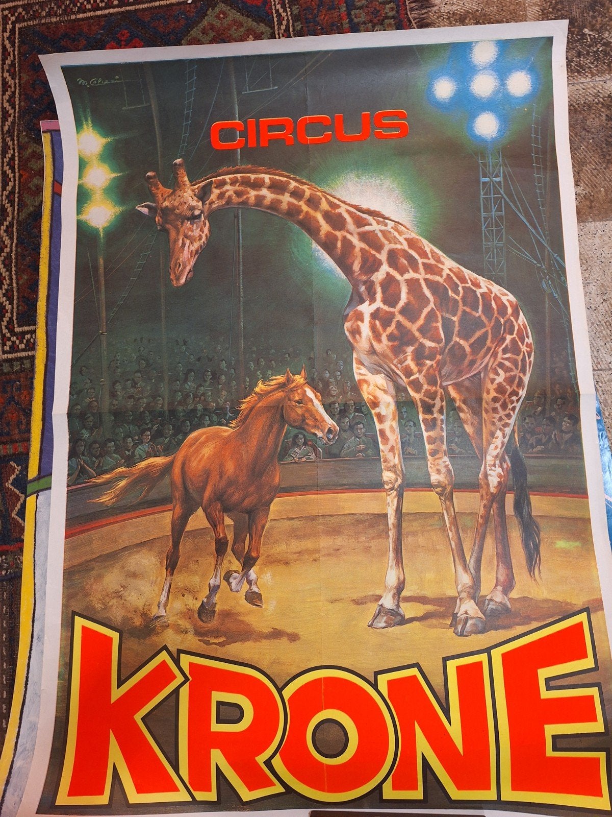 Vintage Circus Krone Poster - Giraffe + Paard, Deurposter of groter, Ophalen of Verzenden, Dier of Natuur, Rechthoekig Staand