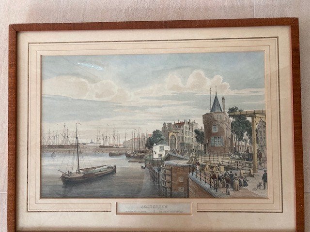 Antieke Prent Amsterdam Haven Gezicht, Ophalen, Gebruikt, Voor 1940, Prent
