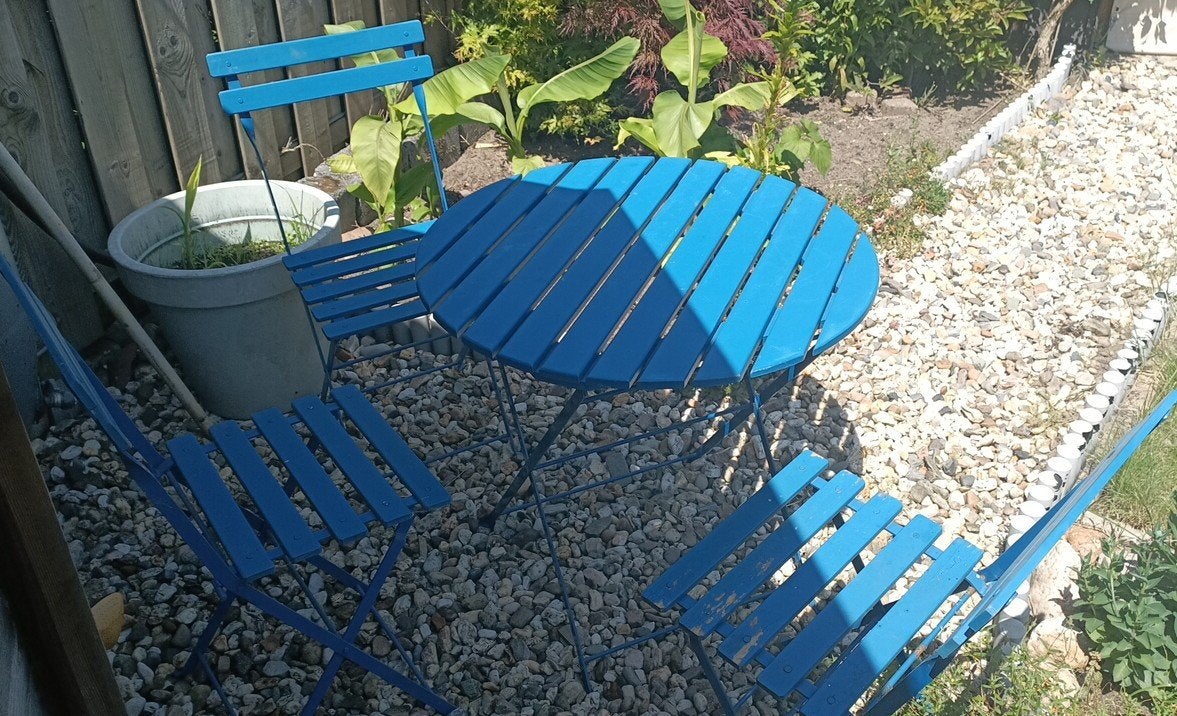 Blauwe Bistro set, Tuin en Terras, Ophalen, Overige materialen, Gebruikt, Bijzettafel
