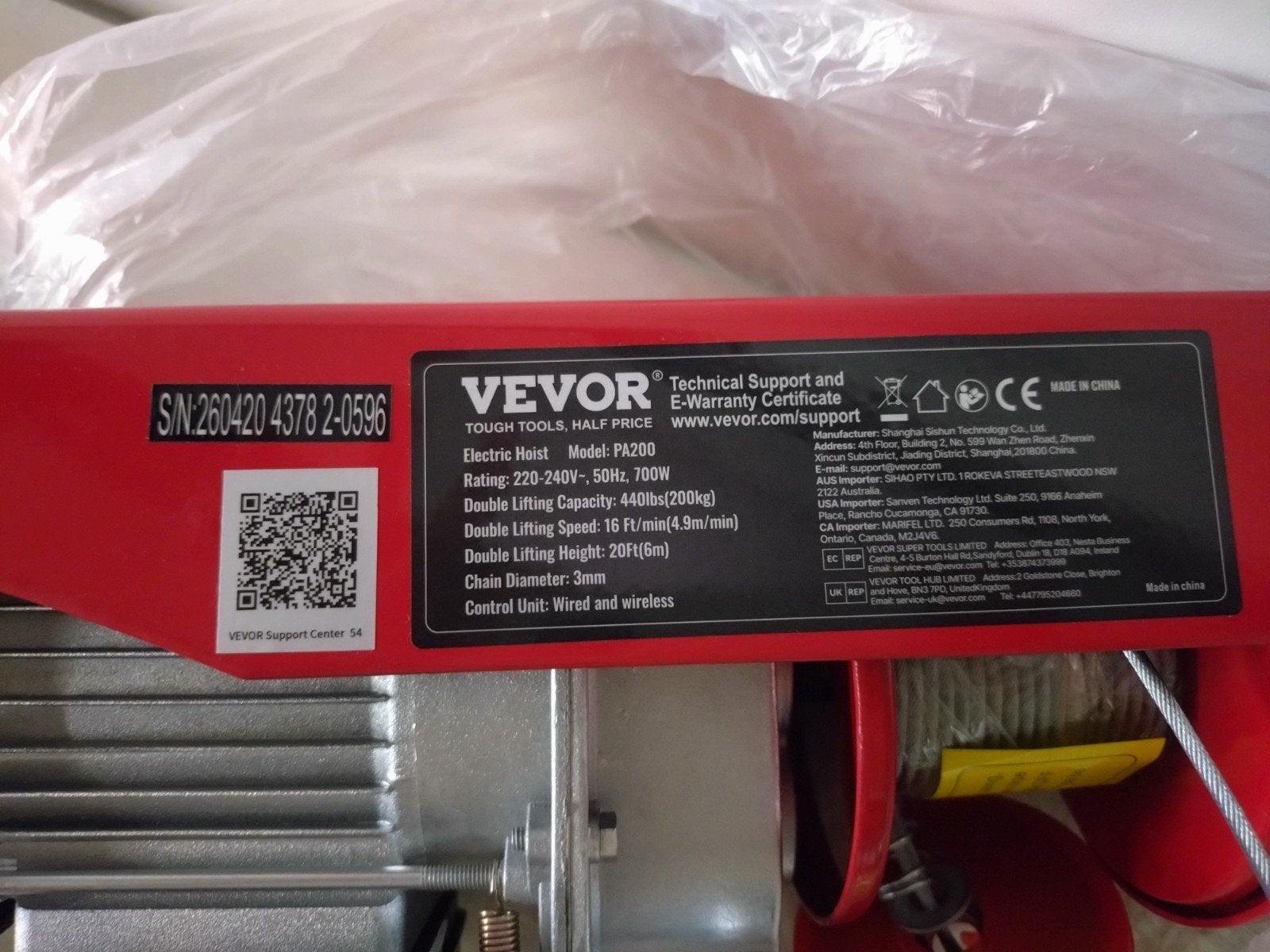 Vevor PA200 Elektrische Takel - Nieuw in Doos, Ophalen of Verzenden, Nieuw, Elektrisch