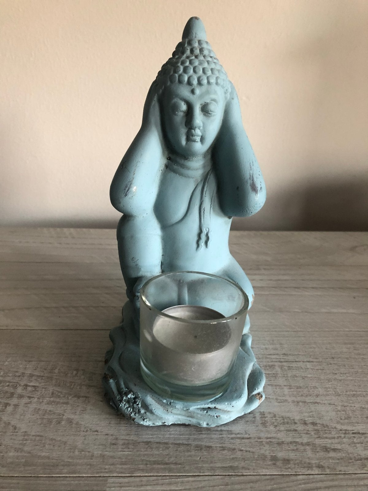 Turquoise boeddha beeldje horen met theelichthouder -, Ophalen of Verzenden, Gebruikt