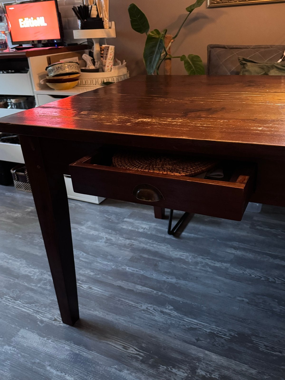 Robuuste teakhouten eettafel 200x95 cm met 2 lades, Huis en Inrichting, Ophalen, Gebruikt, Teakhout, 50 tot 100 cm