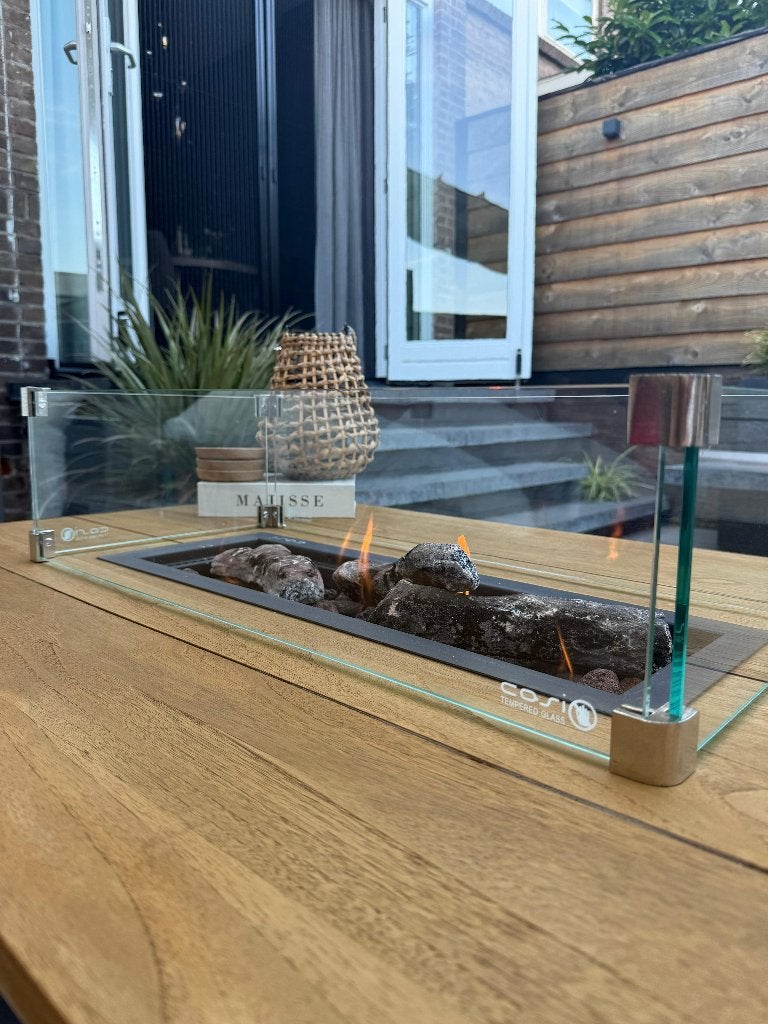 Luxe Cosiloft 120 Vuurtafel (Black/Teak) + Glazen Ombouw, Ophalen, Zo goed als nieuw