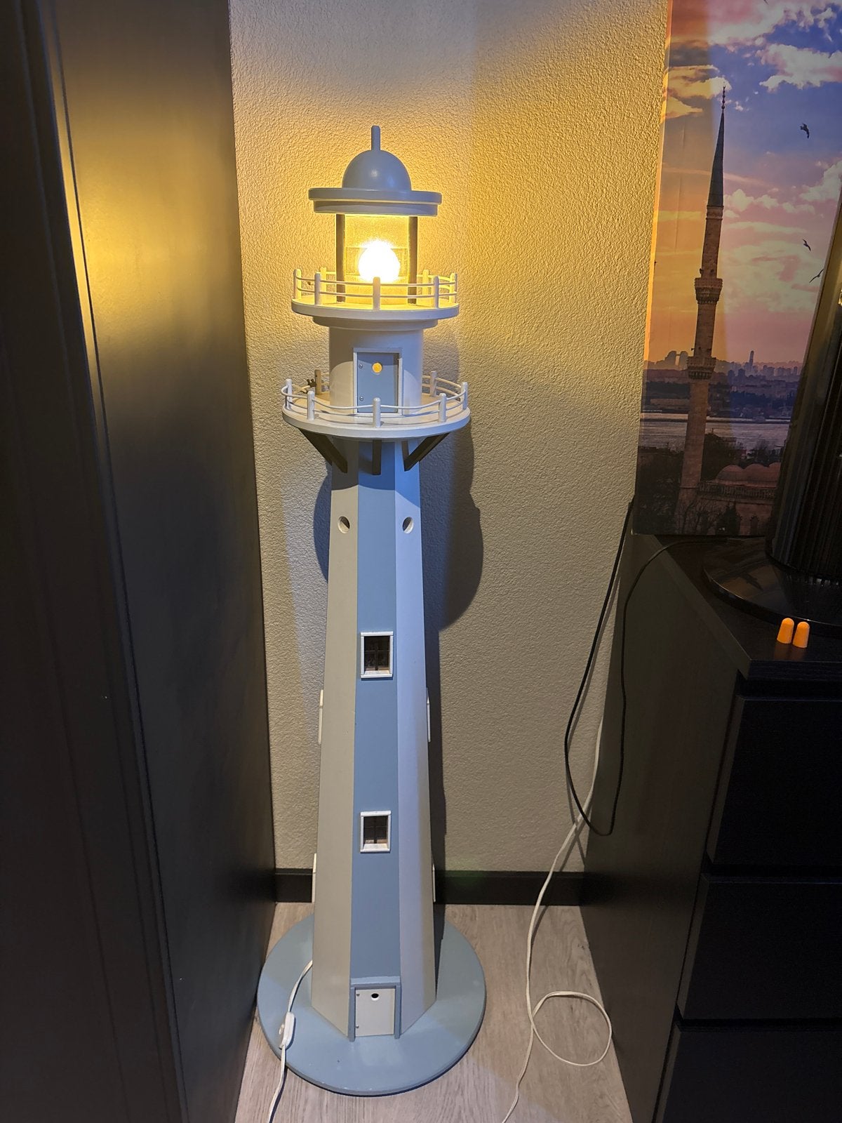 Decoratieve vuurtoren lamp - sfeervolle verlichting, Zo goed als nieuw, 150 tot 200 cm, Hout, E27 (groot)