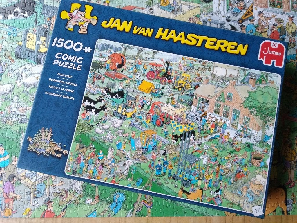 Jan van Haasteren puzzel [1500 st] BOERDERIJBEZOEK, Ophalen of Verzenden, 500 t/m 1500 stukjes, Zo goed als nieuw, Legpuzzel