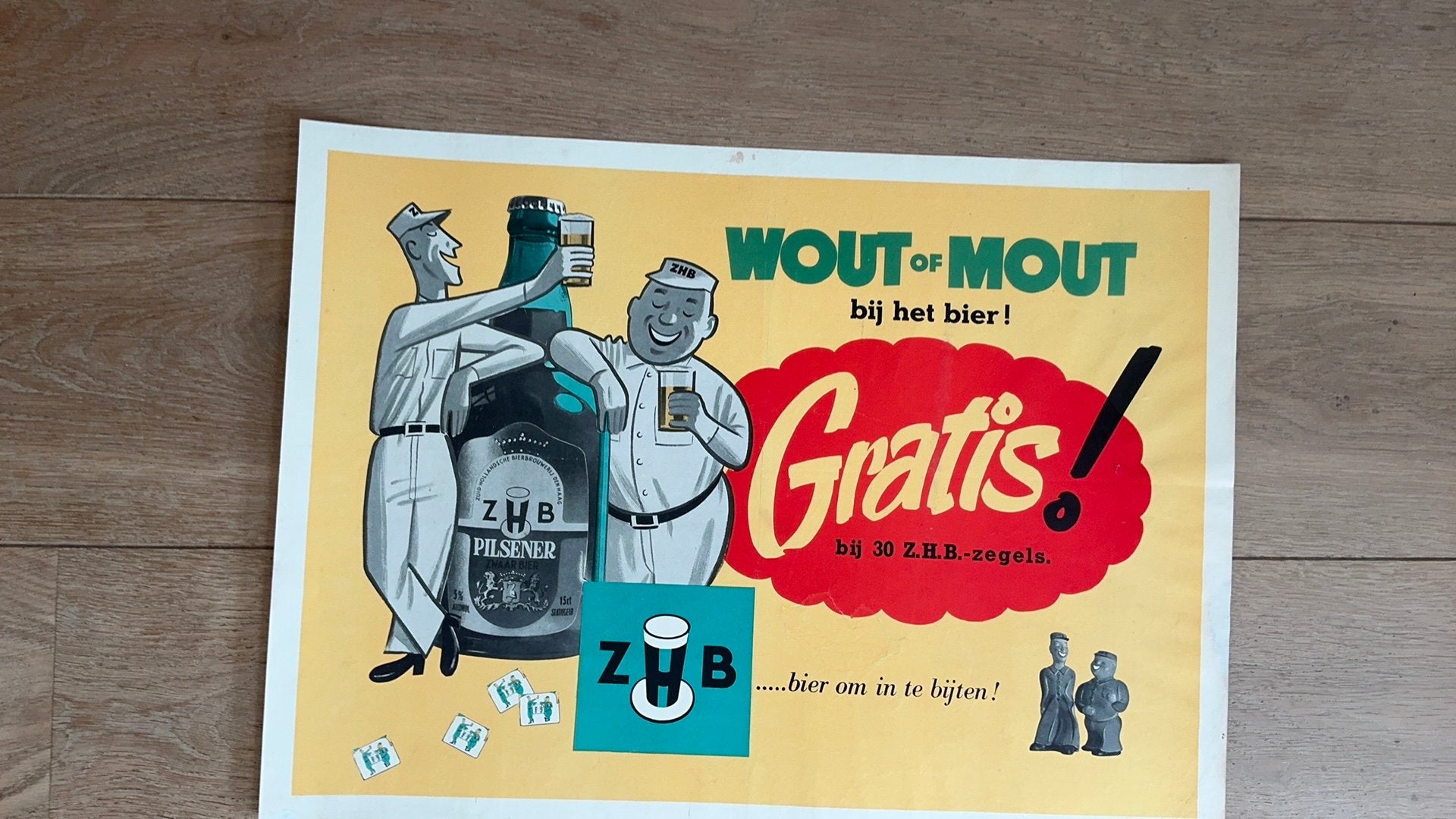 Reclame affiche ZHB bieren Mout en Wout ca. 1958, Ophalen of Verzenden, Gebruikt, Reclamebord, Plaat of Schild, Overige merken