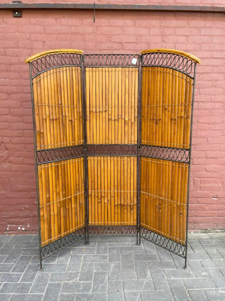 Vintage 3-slag kamerscherm van metaal en bamboe, Huis en Inrichting, Woonaccessoires | Kamerschermen, Ophalen of Verzenden, Zo goed als nieuw