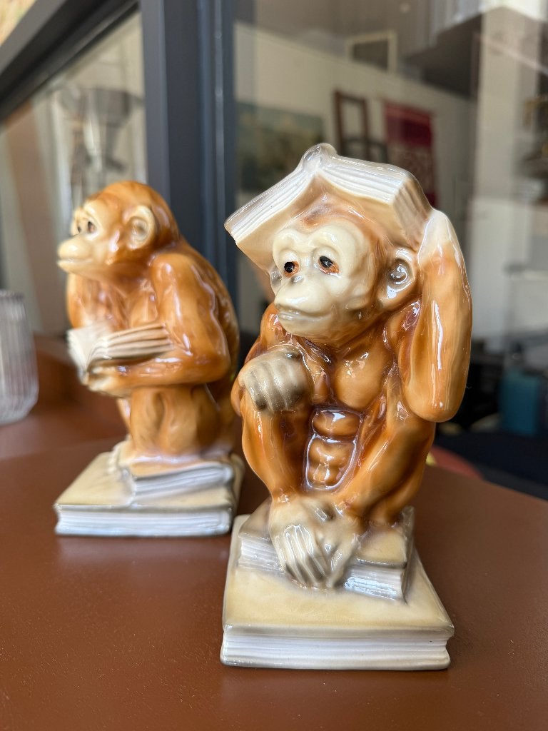 Vintage design, midcentury boekensteunen aapjes keramiek, Ophalen