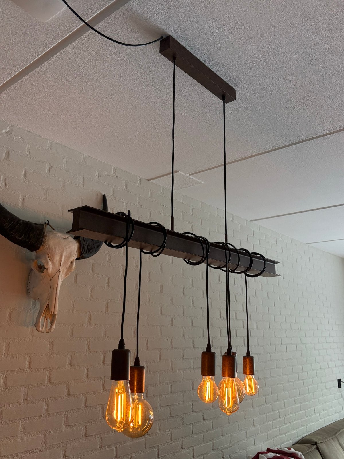 Industriële hanglamp met 6 lampfittingen, Ophalen, Zo goed als nieuw, Metaal, E27 (groot)