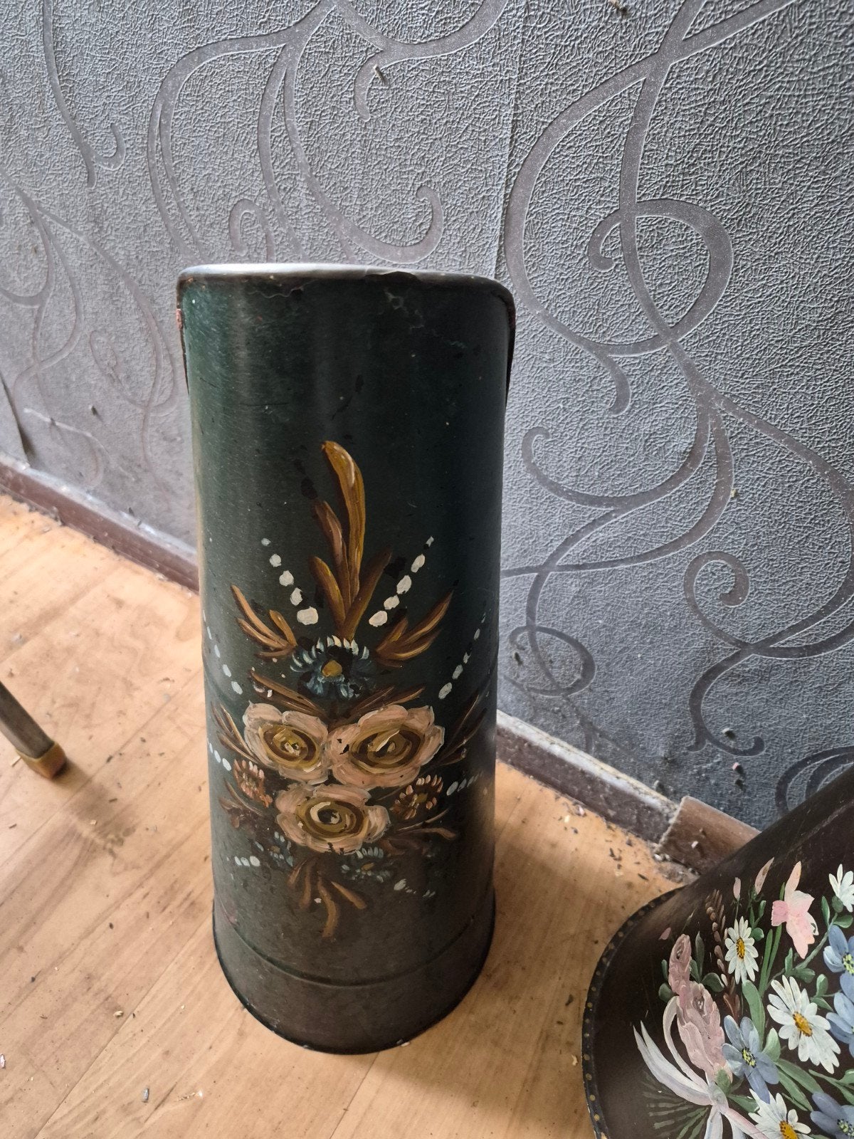 Vintage paraplubak met handgeschilderde bloemen, Ophalen of Verzenden