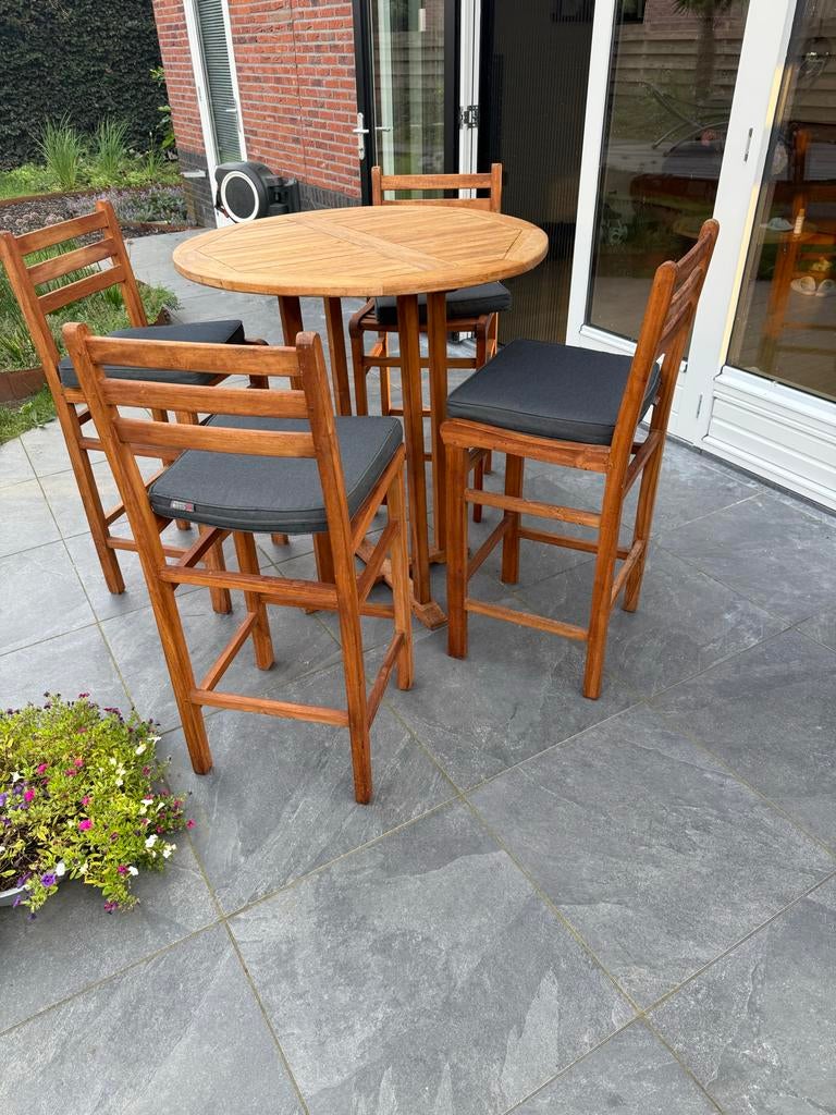 Houten tuinset met hoge tafel en vier stoelen, Tuin en Terras, Ophalen, 4 zitplaatsen, Gebruikt, Eettafel