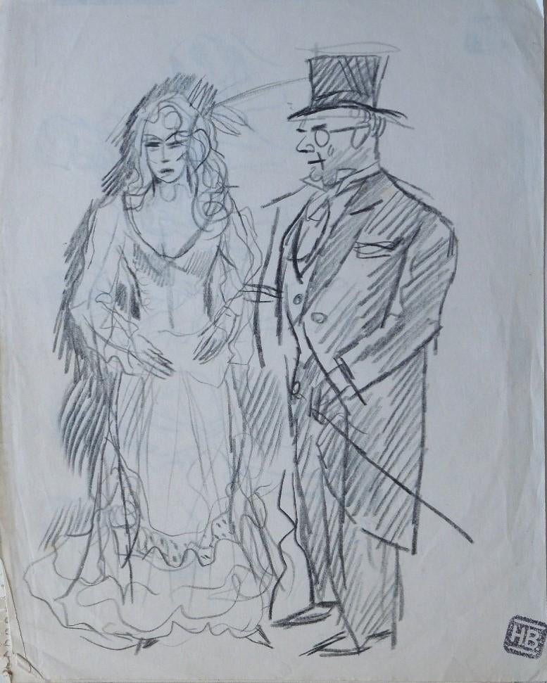 Herman Bieling krijttekening "Bourgeois Stel, Uitgaanstenue", Ophalen