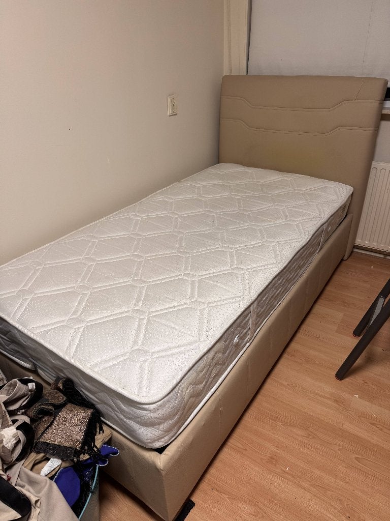 Luxe bed 100x200 met matras & opbergruimte, Ophalen, 100 cm, Eenpersoons, Beige