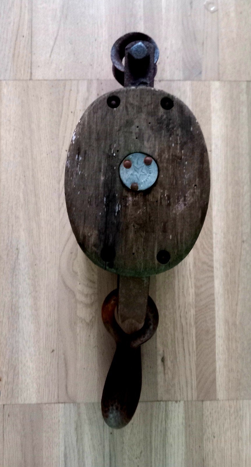 Antieke houten katrol met haak - Decoratief item, Ophalen of Verzenden