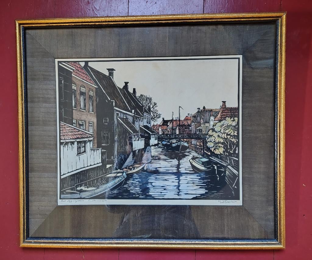 HJ Gorter, hangende keukens in Appingedam, linosnede, druk, Antiek en Kunst, 56 cm, Ophalen of Verzenden, 66 cm, Overige technieken