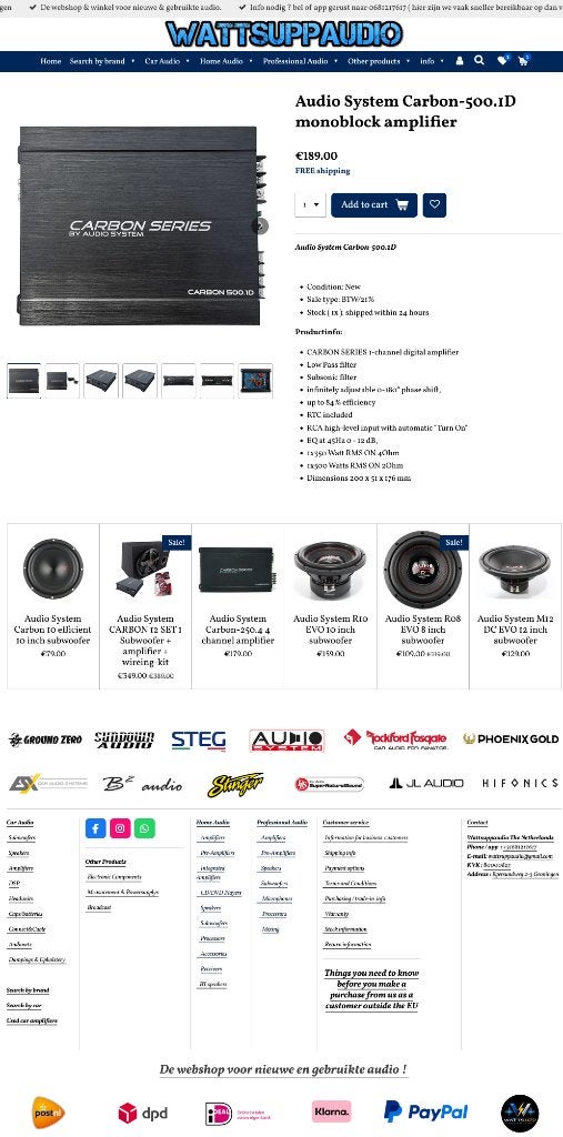 Audio System Carbon-500.1D Monoblok versterker 500W RMS 2ohm, Info@optimount.nl, Nieuw, Ophalen of Verzenden, Anholtseweg 48A 7091 HB DINXPERLO