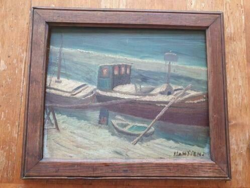 Oud schilderij op hout Vrachtboot in de sneeuw Hansens, Ophalen