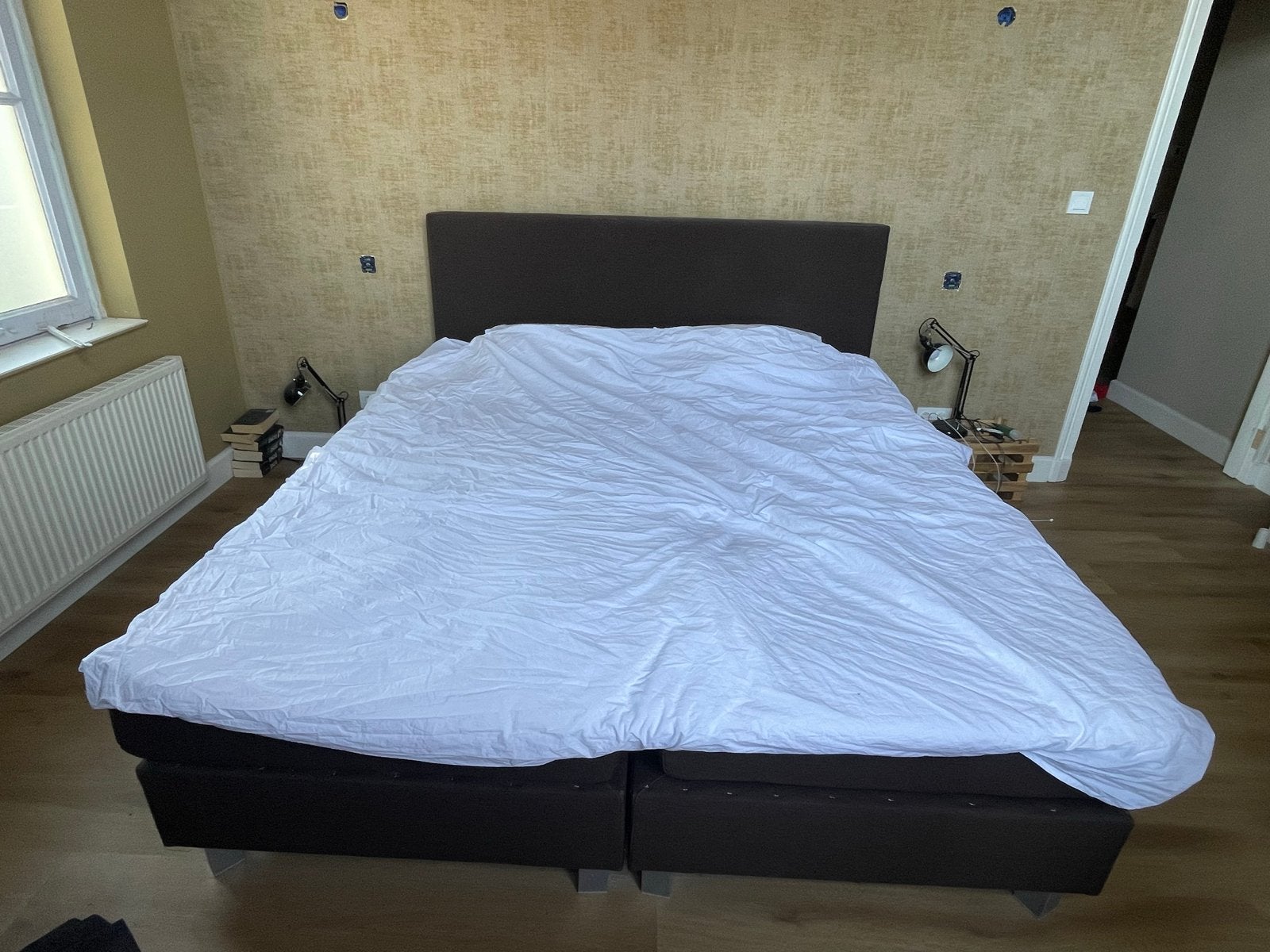 Tweepersoons boxspring bed met hoofdbord, donkergrijs, Huis en Inrichting, Ophalen, Gebruikt, Bruin, Tweepersoons