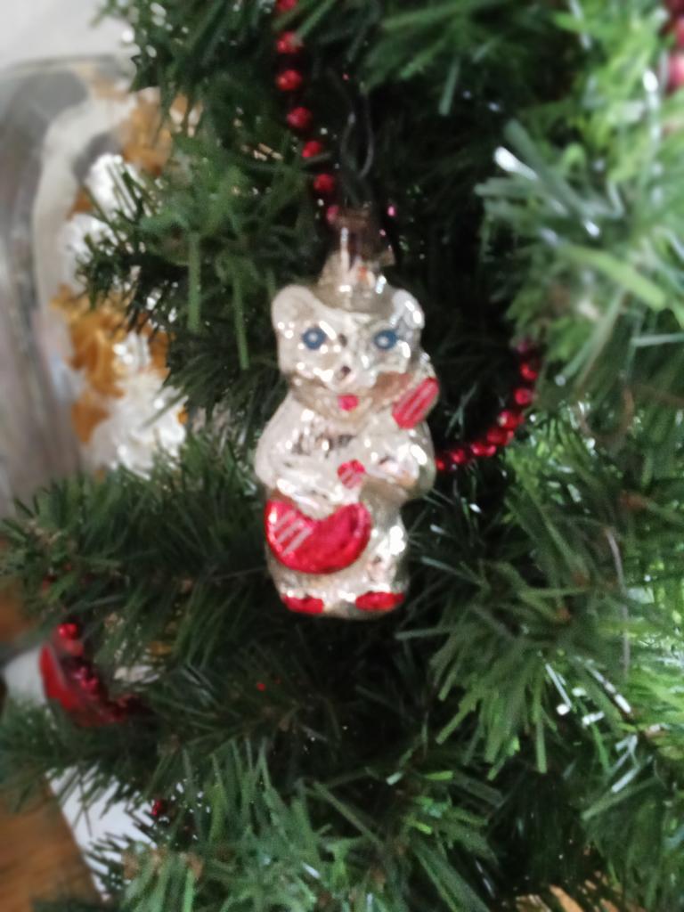 oude kerstbal dun glas van kat met banjo, Diversen, Kerst, Ophalen of Verzenden, Gebruikt