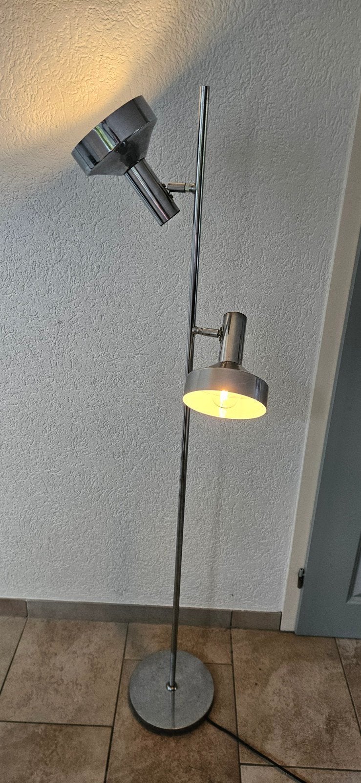 Vintage Chromen Staande Lamp met 2 Spots, Gebruikt, Vintage, Ophalen of Verzenden, Metaal