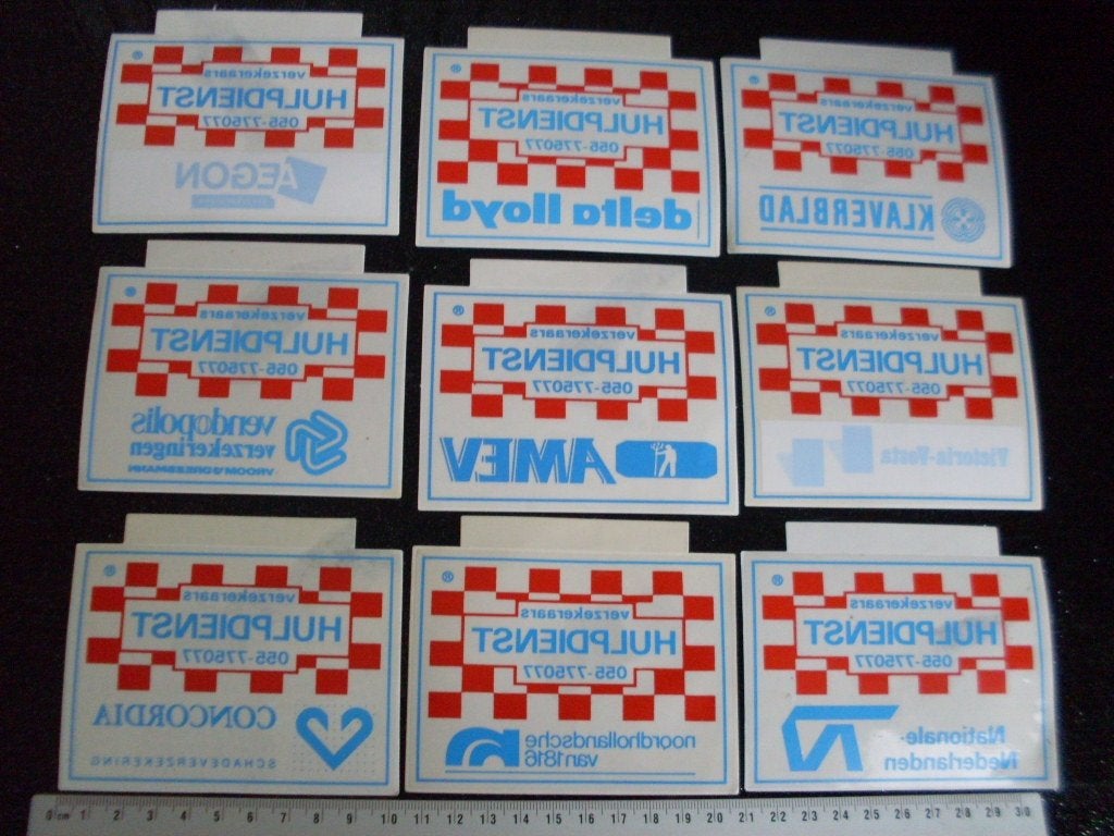9x ruit sticker verzekeraars hulpdienst ongeval pech hulp, Verzenden, Zo goed als nieuw, Auto of Motor