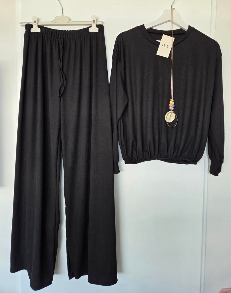 Dames rib set 2-delig – wijde broek + decoratieve ketting, Ophalen of Verzenden, Nieuw
