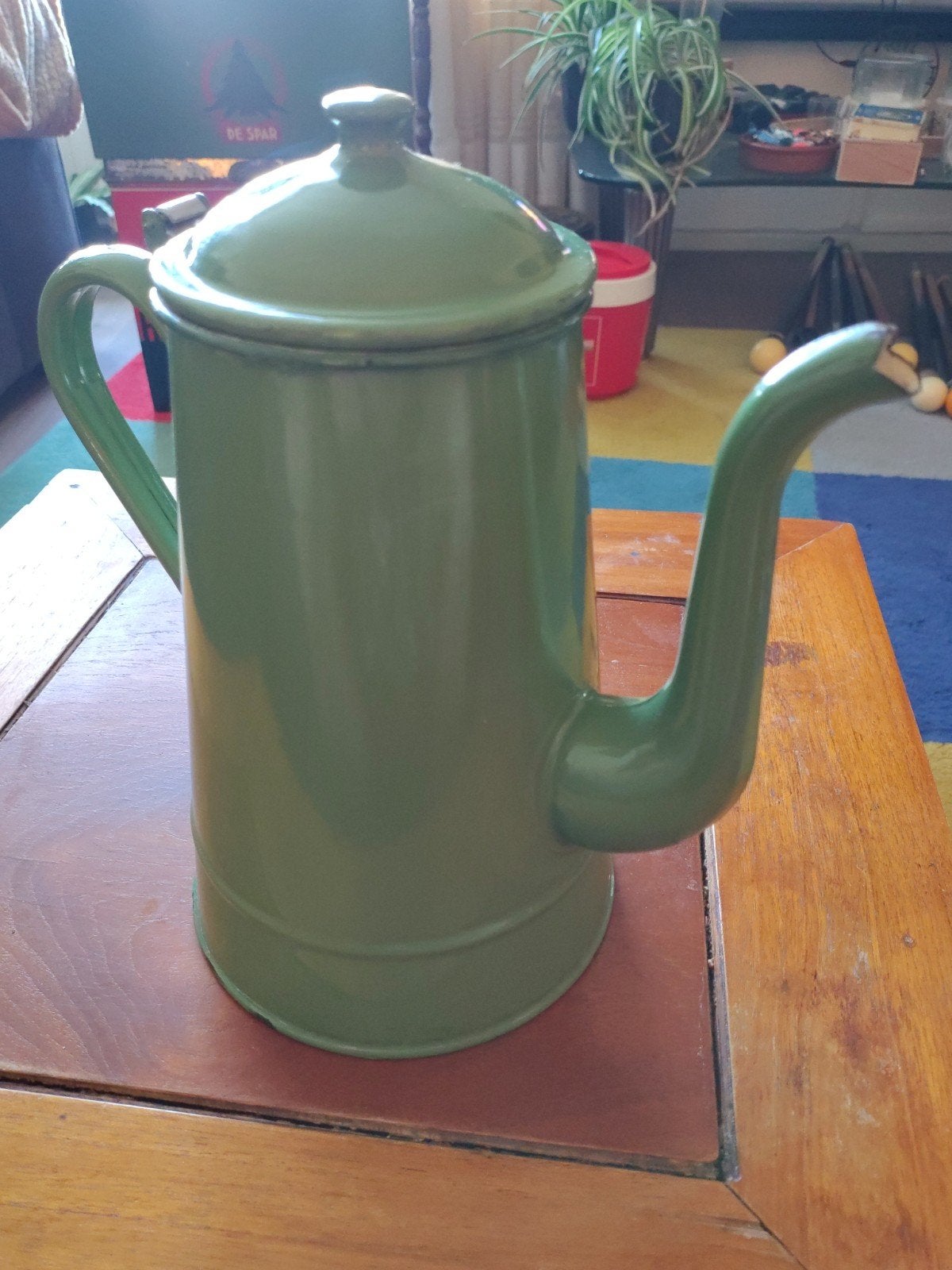 Vintage groene emaille koffiekan met scharnierend deksel, Ophalen of Verzenden