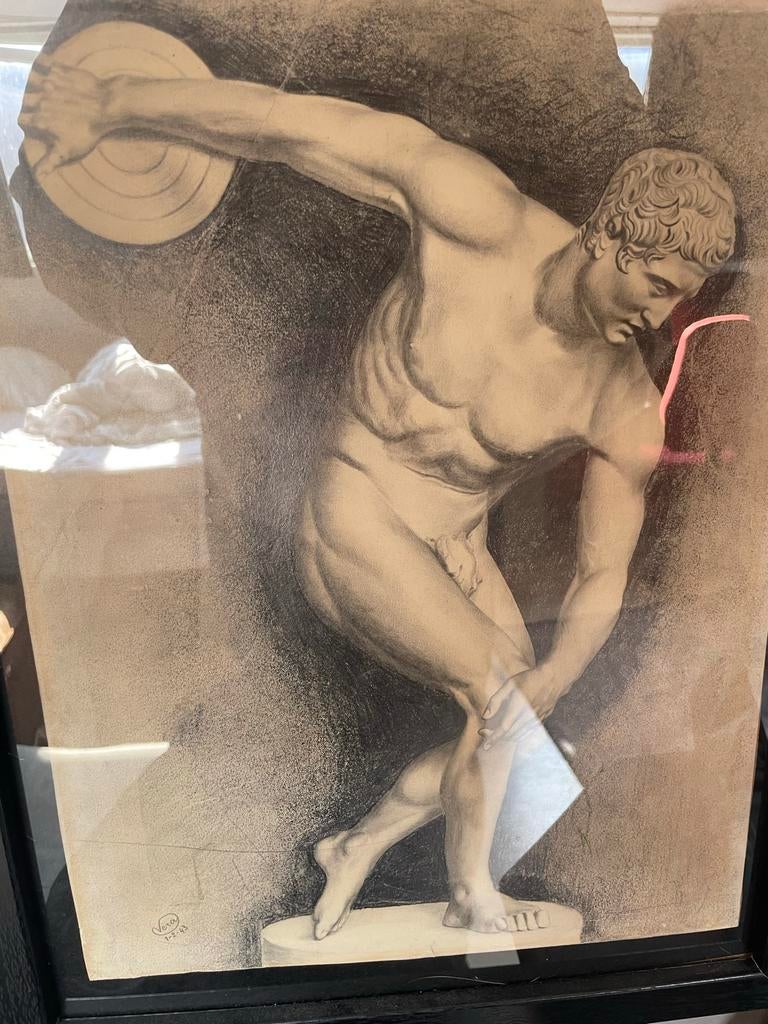 Ingelijste tekening van discuswerper (1943), Antiek en Kunst, Verzenden