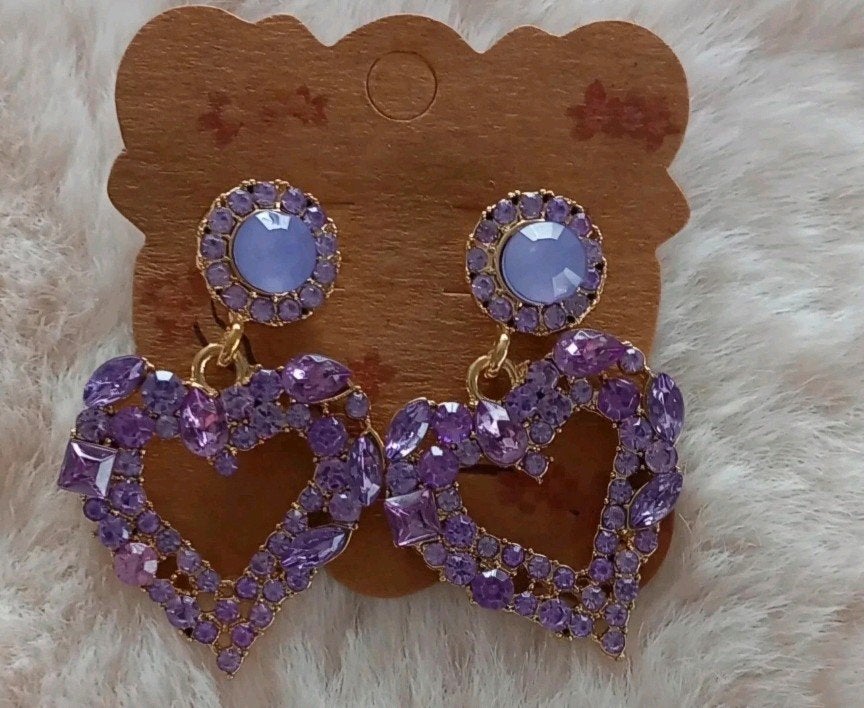 Paarse Hartjes Oorbellen met Strass, Overige materialen, Hangers, Paars, Nieuw