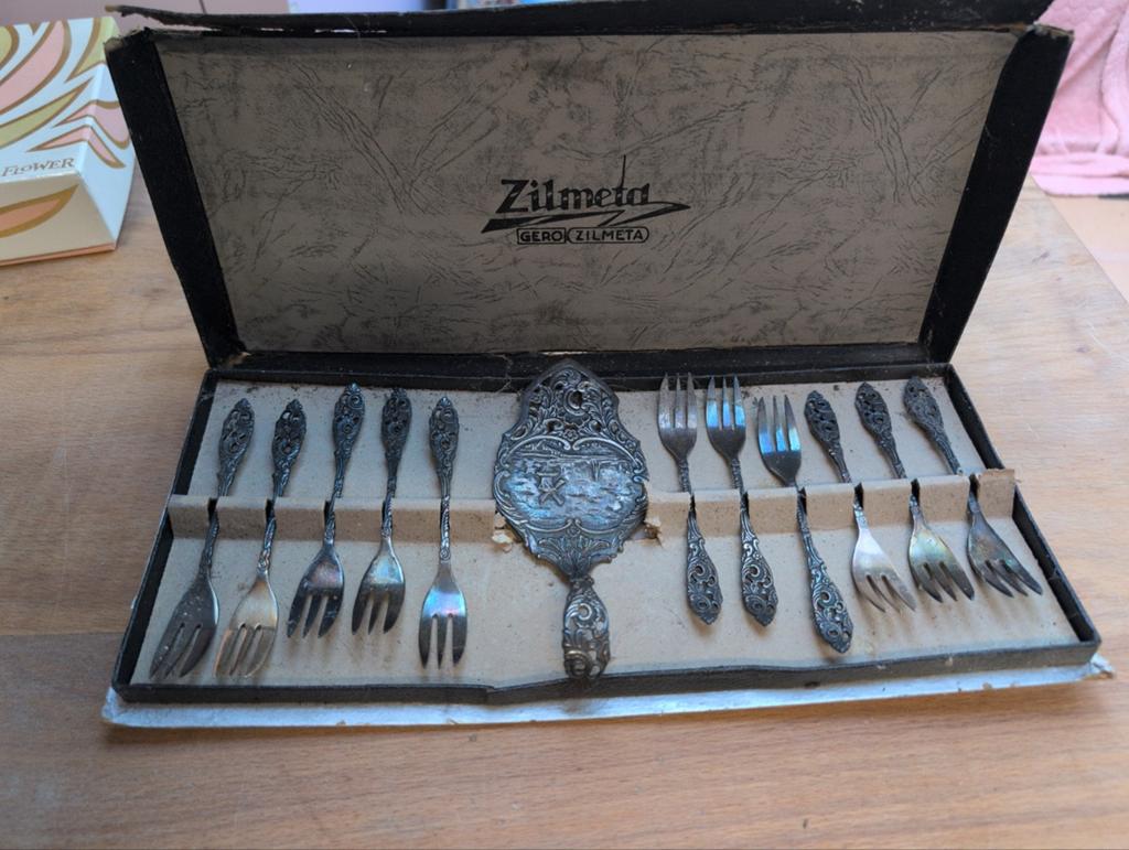 Vintage Zilmeta Gero Gebaksvorkjes en Taartschep Set, Antiek en Kunst, Antiek | Bestek, Ophalen of Verzenden