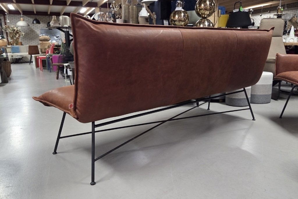 Luxe eetkamerbank VIDAR Jess design leer bruin cognac 195 cm, Ophalen, Bruin, Zo goed als nieuw, Vier